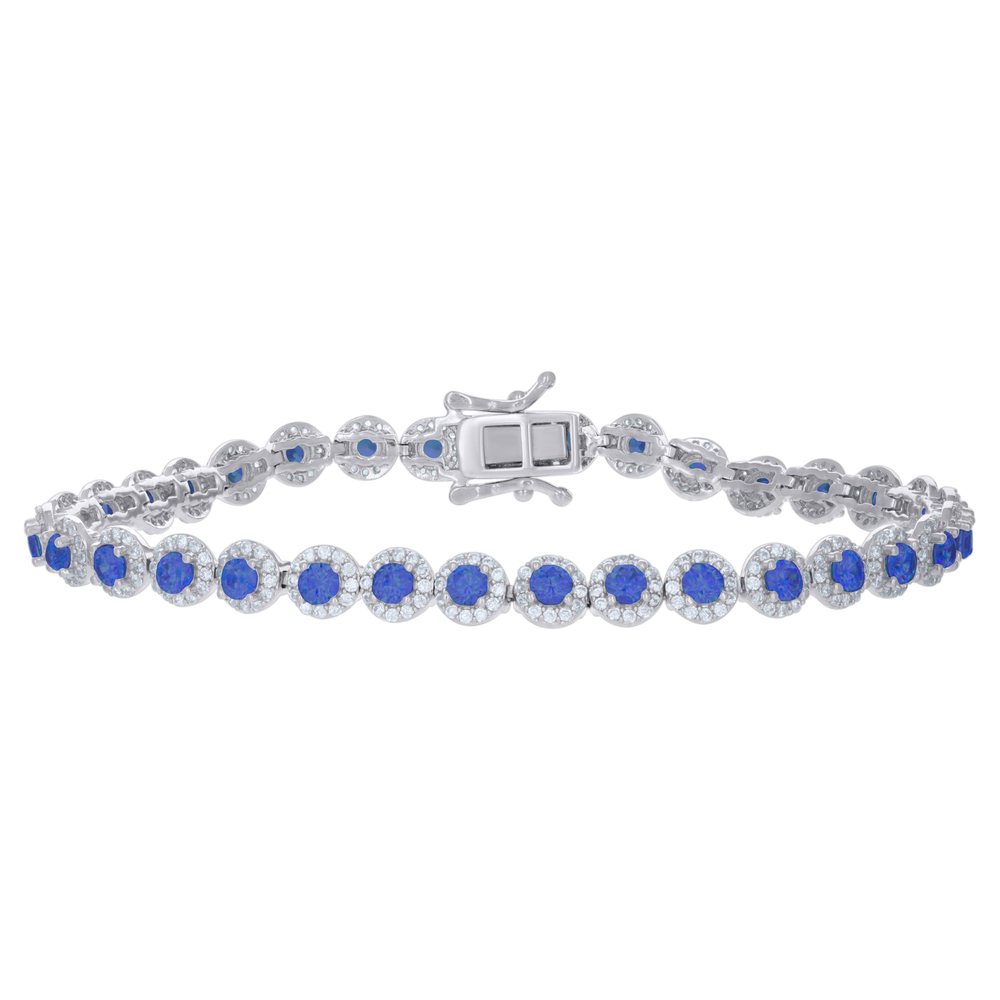 925 Sterling Silver Womens Blue White Cubic-Zirconia Link Bracelet Size 7 Inches